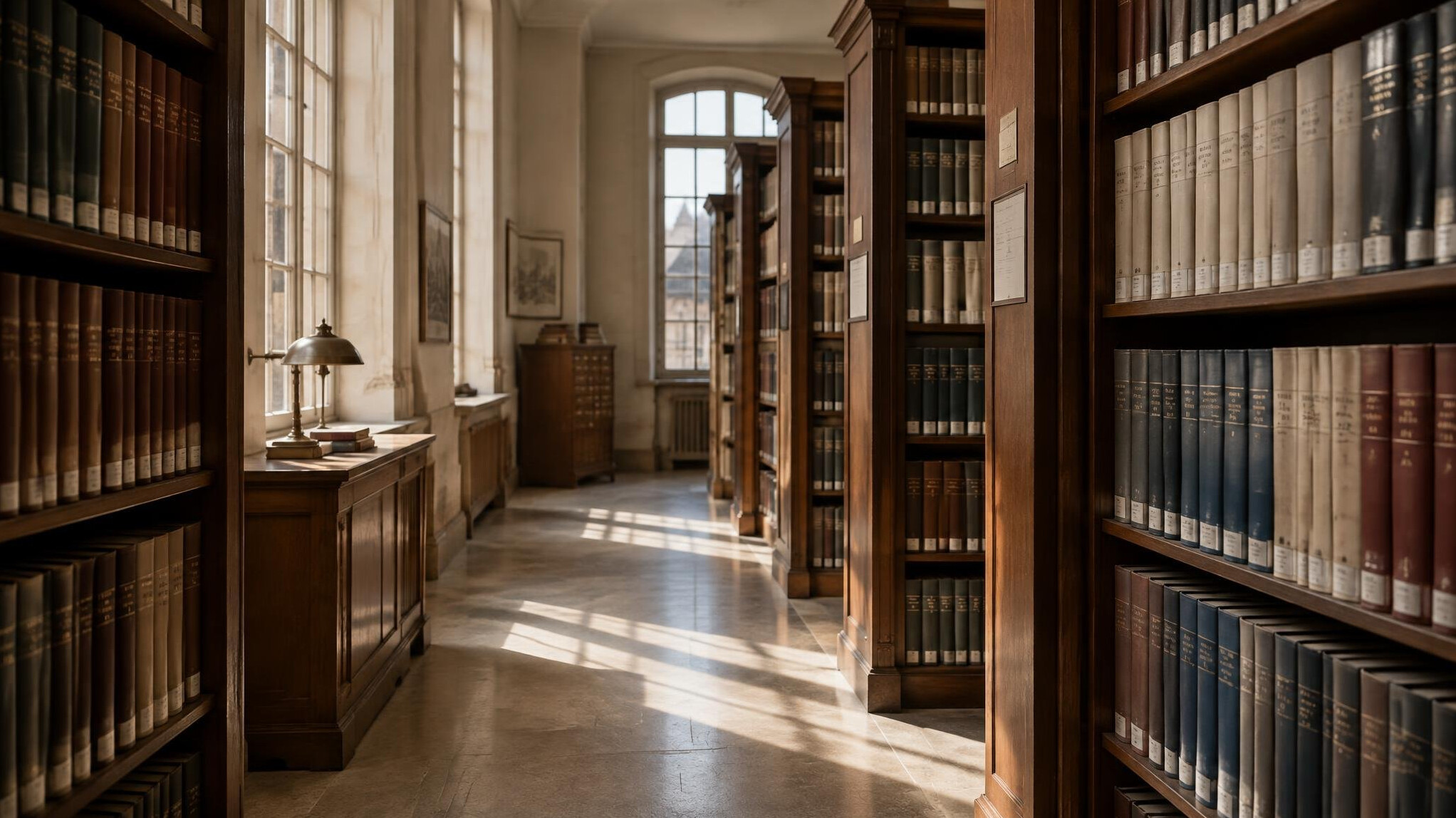 Wooden shelves filled with bound research journals in a quiet library archive