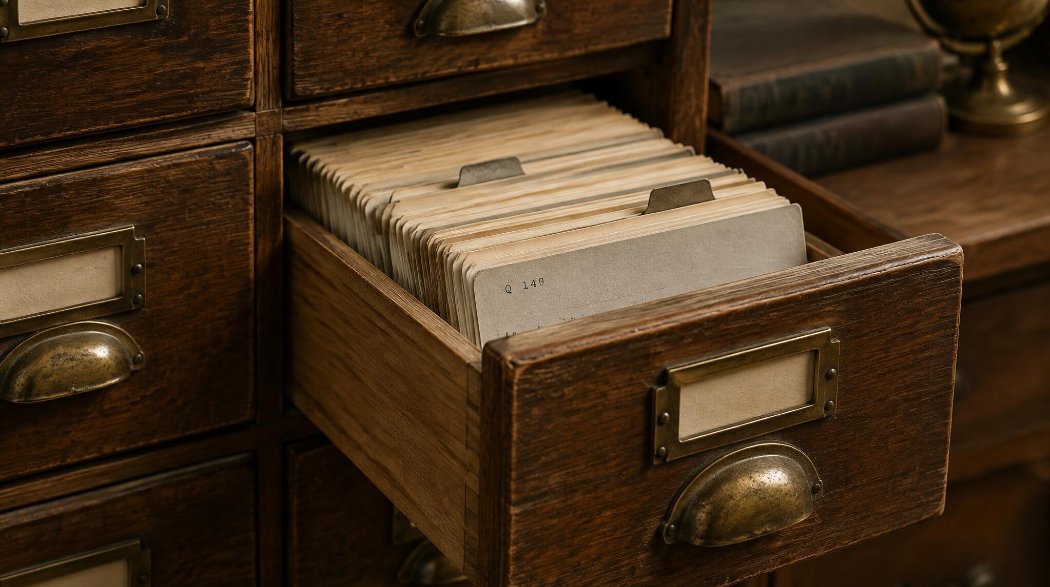 Antique wooden card catalogue drawer half open revealing index cards